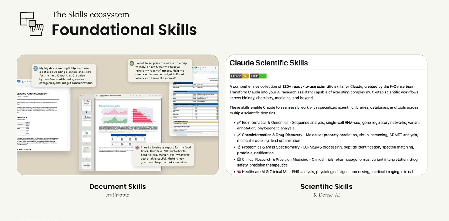 Foundational skills — Document Skills from Anthropic, Scientific Skills from X-Driver-AI