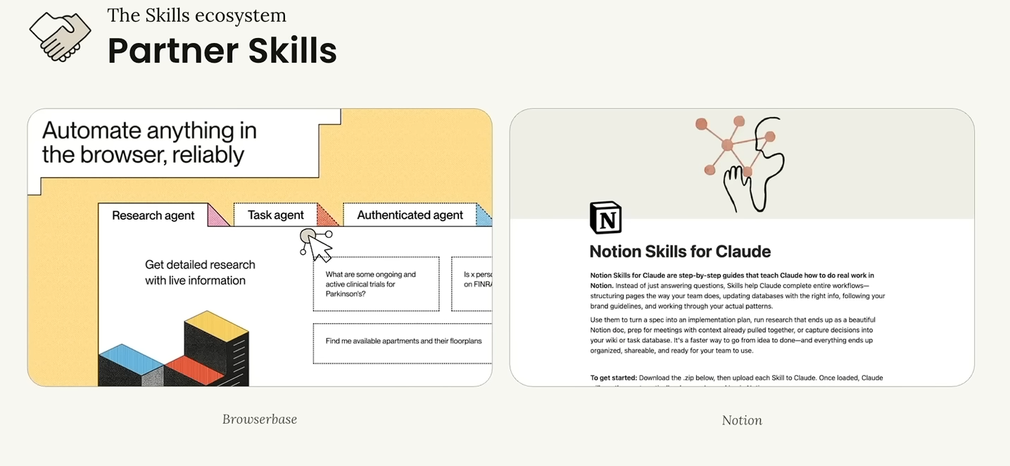 Partner skills — Browserbase for browser automation, Notion Skills for Claude