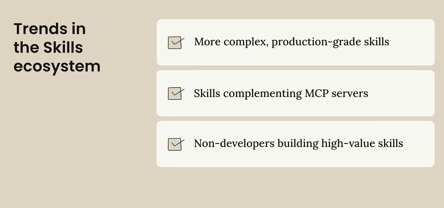 Trends — production-grade skills, skills complementing MCP servers, non-developers building high-value skills
